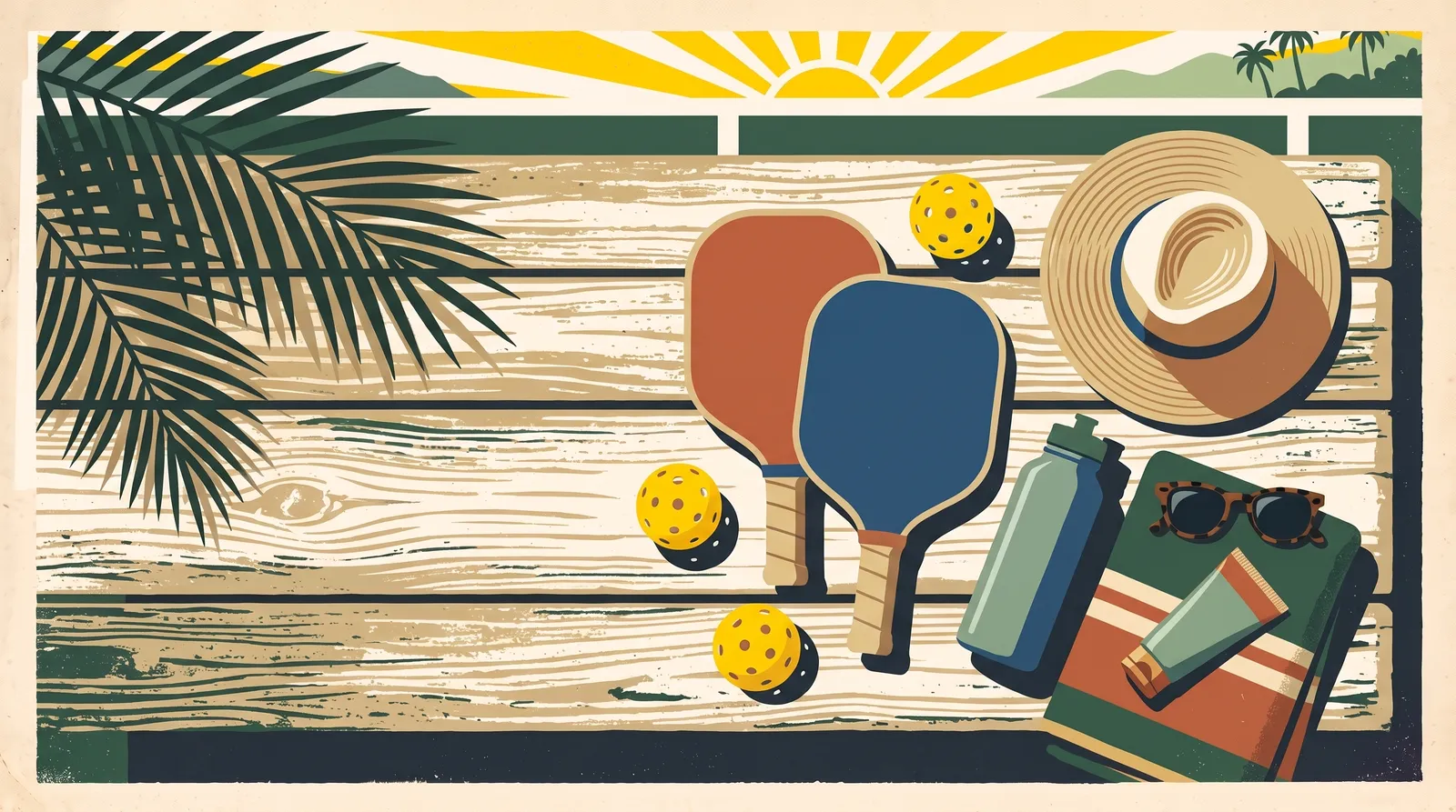 Vintage travel-poster flat-lay of two pickleball paddles, outdoor balls, a sun hat, water bottle, towel, sunglasses and sunscreen on a wooden bench