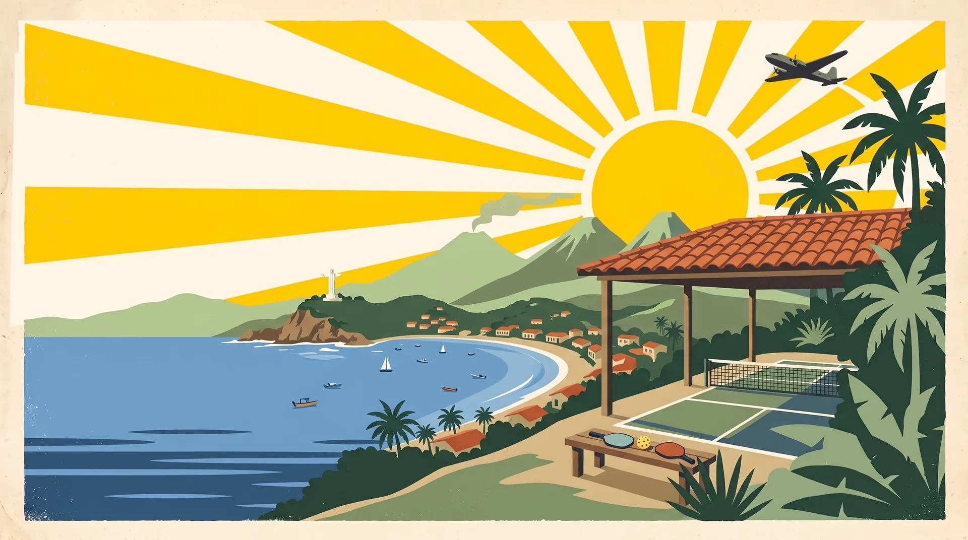 Vintage travel-poster illustration of a roofed pickleball court on a hill above San Juan del Sur bay, with paddles on a bench